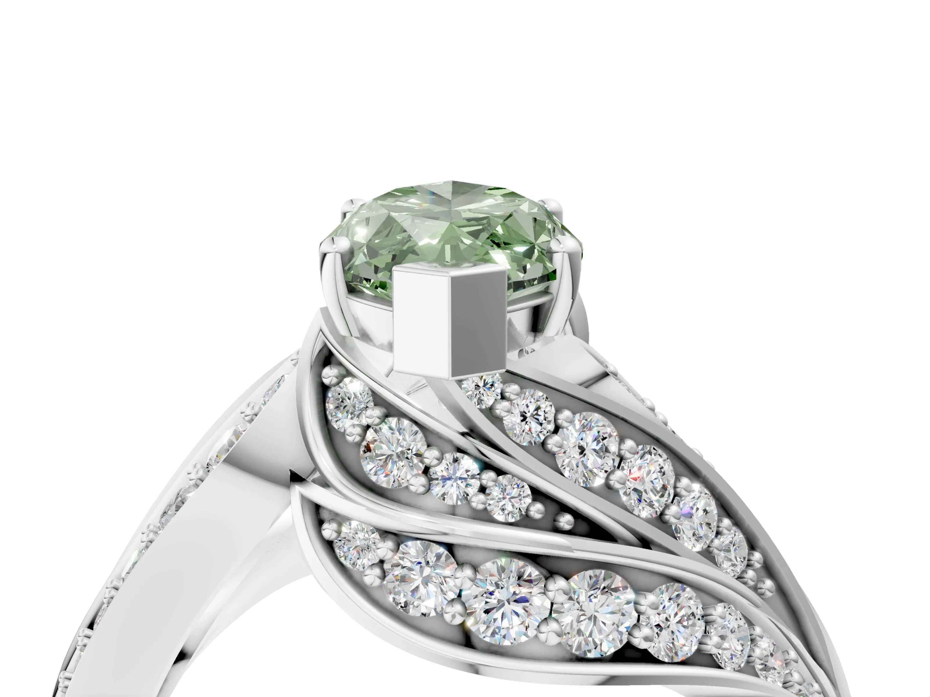 White gold Fancy Green Marquise Cut Diamond Solitaire Ring with Prong Setting and Twisted Pavé Band_16