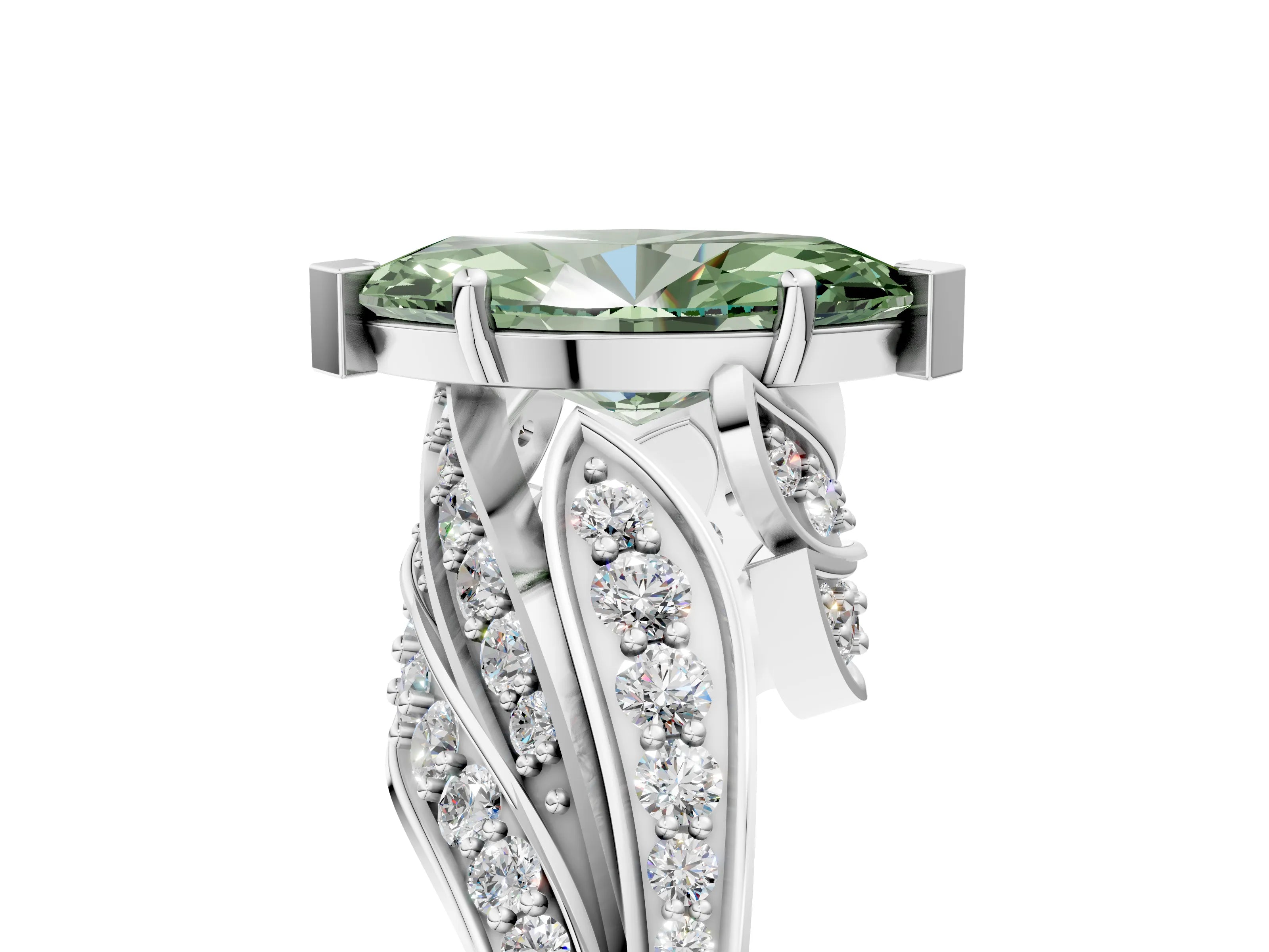 White gold Fancy Green Marquise Cut Diamond Solitaire Ring with Prong Setting and Twisted Pavé Band_17