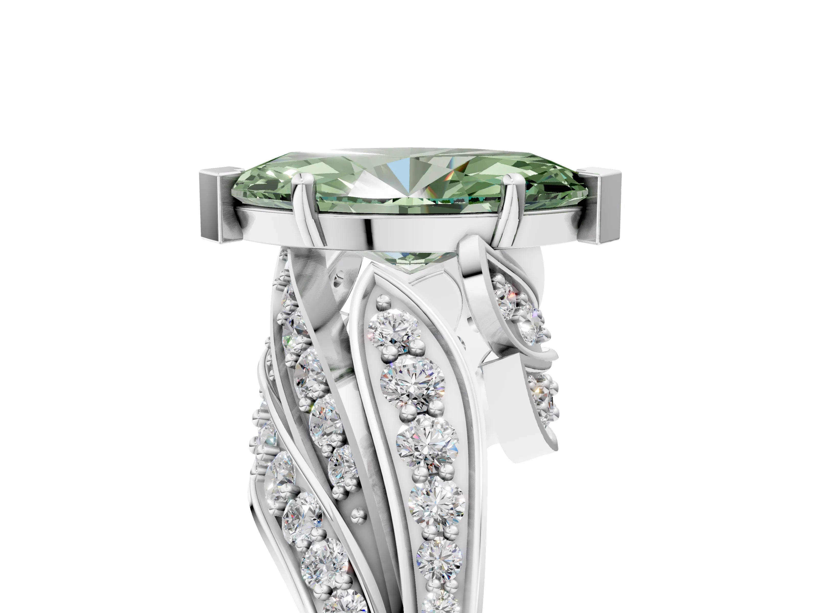 White gold Fancy Green Marquise Cut Diamond Solitaire Ring with Prong Setting and Twisted Pavé Band_17