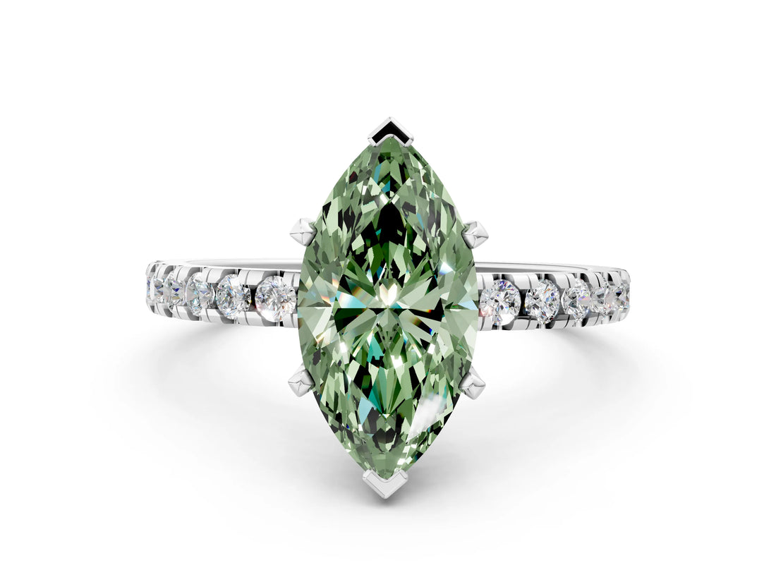 White gold Fancy Green Marquise Cut Diamond Solitaire Ring with Round  Pavé Band and Four-Prong Setting_60