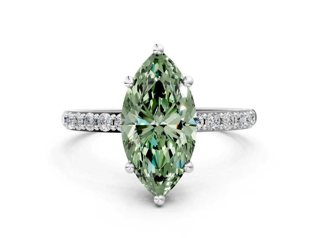 White gold Fancy Green Marquise Cut Diamond Solitaire Ring with Round  Pavé Band and Prong Setting_181