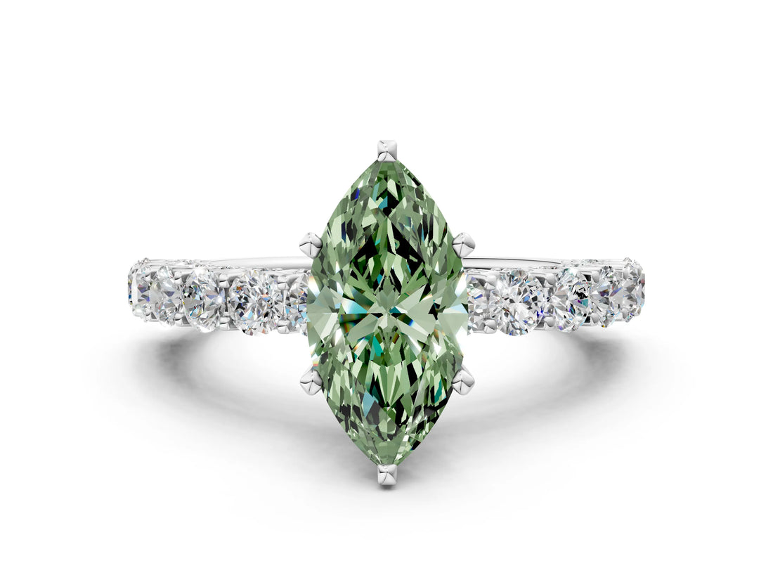 White gold Fancy Green Marquise Cut Diamond Solitaire Ring with Shared Prong Pavé Band and Four-Prong Setting_71