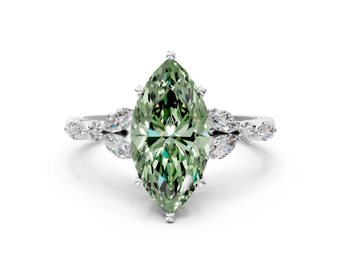 White gold Fancy Green Marquise Cut Diamond Solitaire Ring with Side Stones and Four-Prong Setting_188
