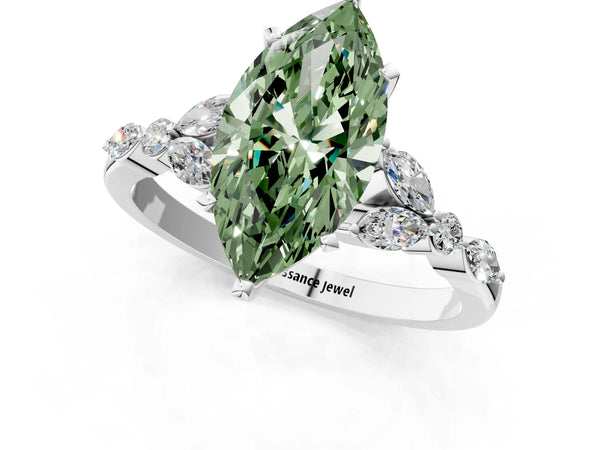 Sterling Silver Marquise Engagement Ring Setting for Fancy Green Center with Angled Marquise Pairs and Spaced Accents