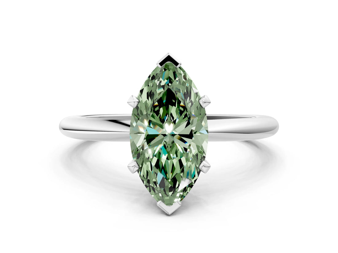 White gold Fancy Green Marquise Cut Diamond Solitaire Ring with Six-Prong Setting and Classic Band_314