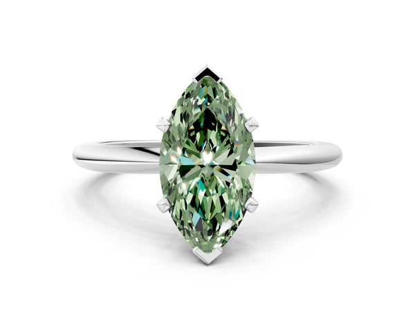 Platinum Fancy Green Marquise Cut Diamond Solitaire Ring with Six-Prong Setting and Classic Band