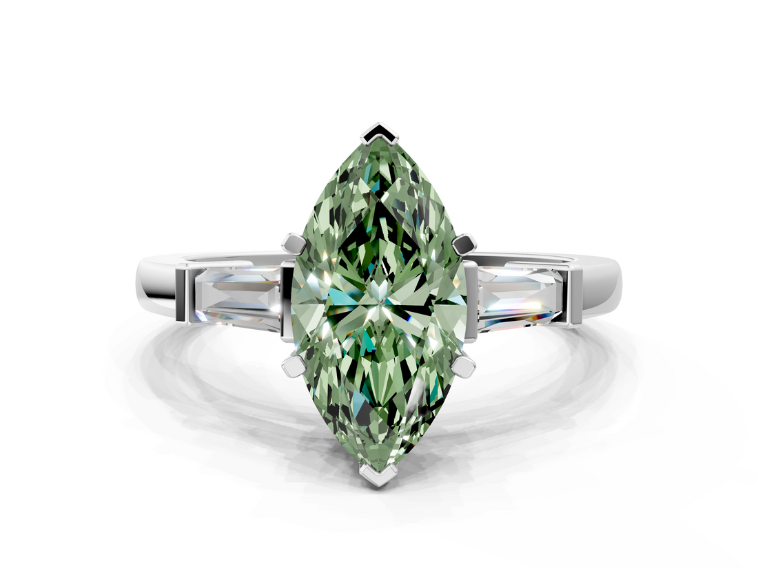 White gold Fancy Green Marquise  Cut Diamond Solitaire Ring with Tapered Baguette Accents and Four-Prong Setting_79