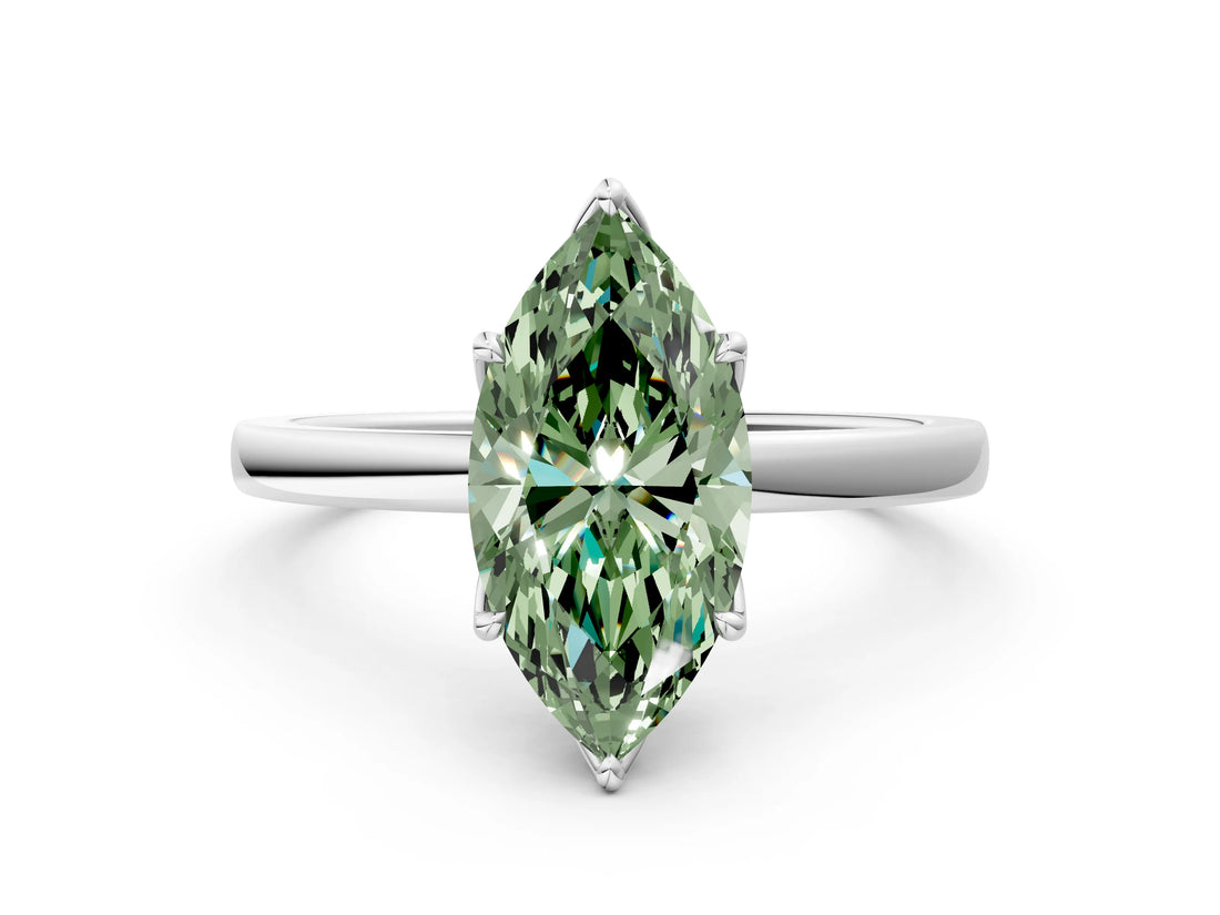 White gold Fancy Green Marquise Cut Diamond Solitaire Ring with Thin Band and Prong Setting_25