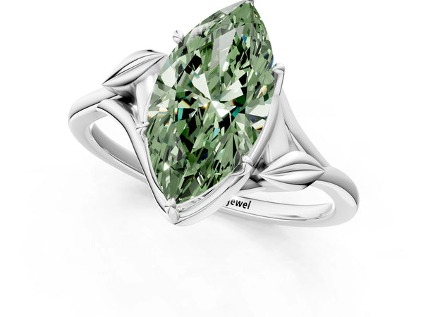 White gold Fancy Green Marquise Cut Diamond Solitaire Ring with Twist Band and Four-Prong Setting