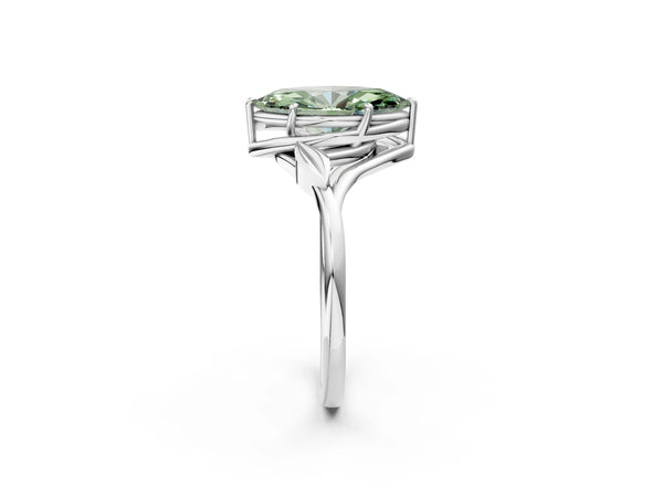 White gold Fancy Green Marquise Cut Diamond Solitaire Ring with Twist Band and Four-Prong Setting
