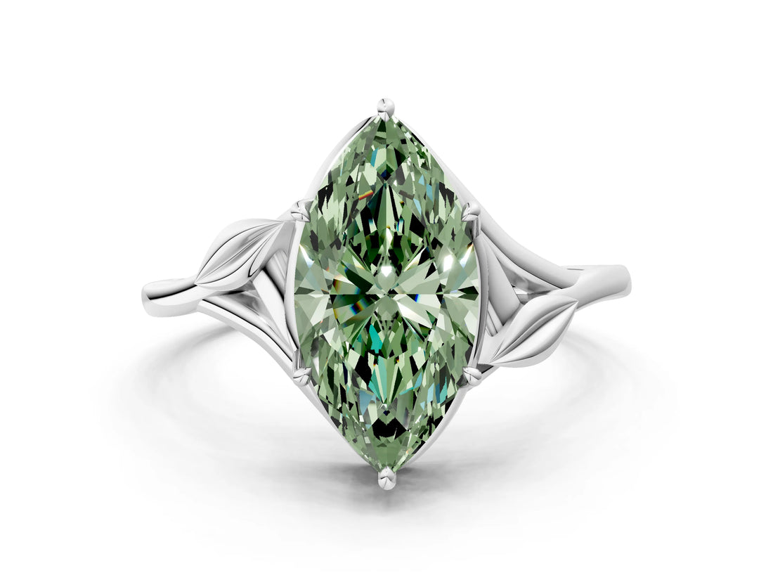 White gold Fancy Green Marquise Cut Diamond Solitaire Ring with Twist Band and Four-Prong Setting_99