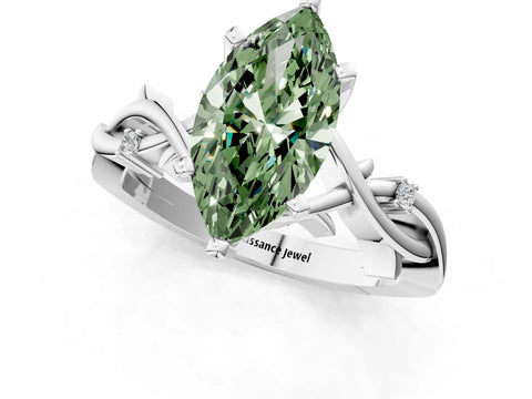 White gold Fancy Green Marquise Cut Diamond Solitaire Ring with Twisted Band and Prong Setting_246