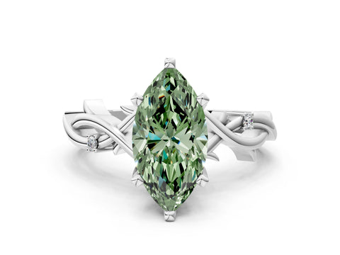 White gold Fancy Green Marquise Cut Diamond Solitaire Ring with Twisted Band and Prong Setting_252