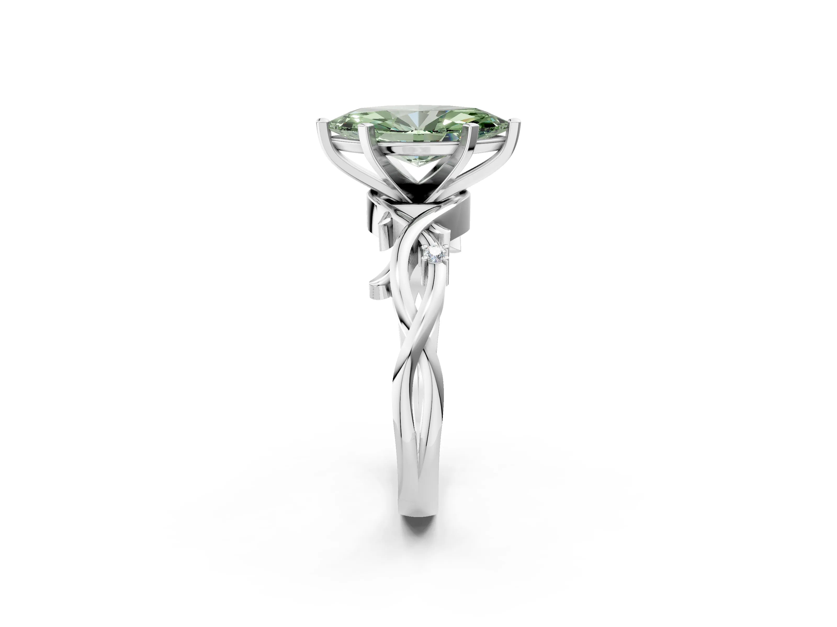 White gold Fancy Green Marquise Cut Diamond Solitaire Ring with Twisted Band and Prong Setting_254