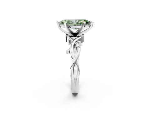White gold Fancy Green Marquise Cut Diamond Solitaire Ring with Twisted Band and Prong Setting_254
