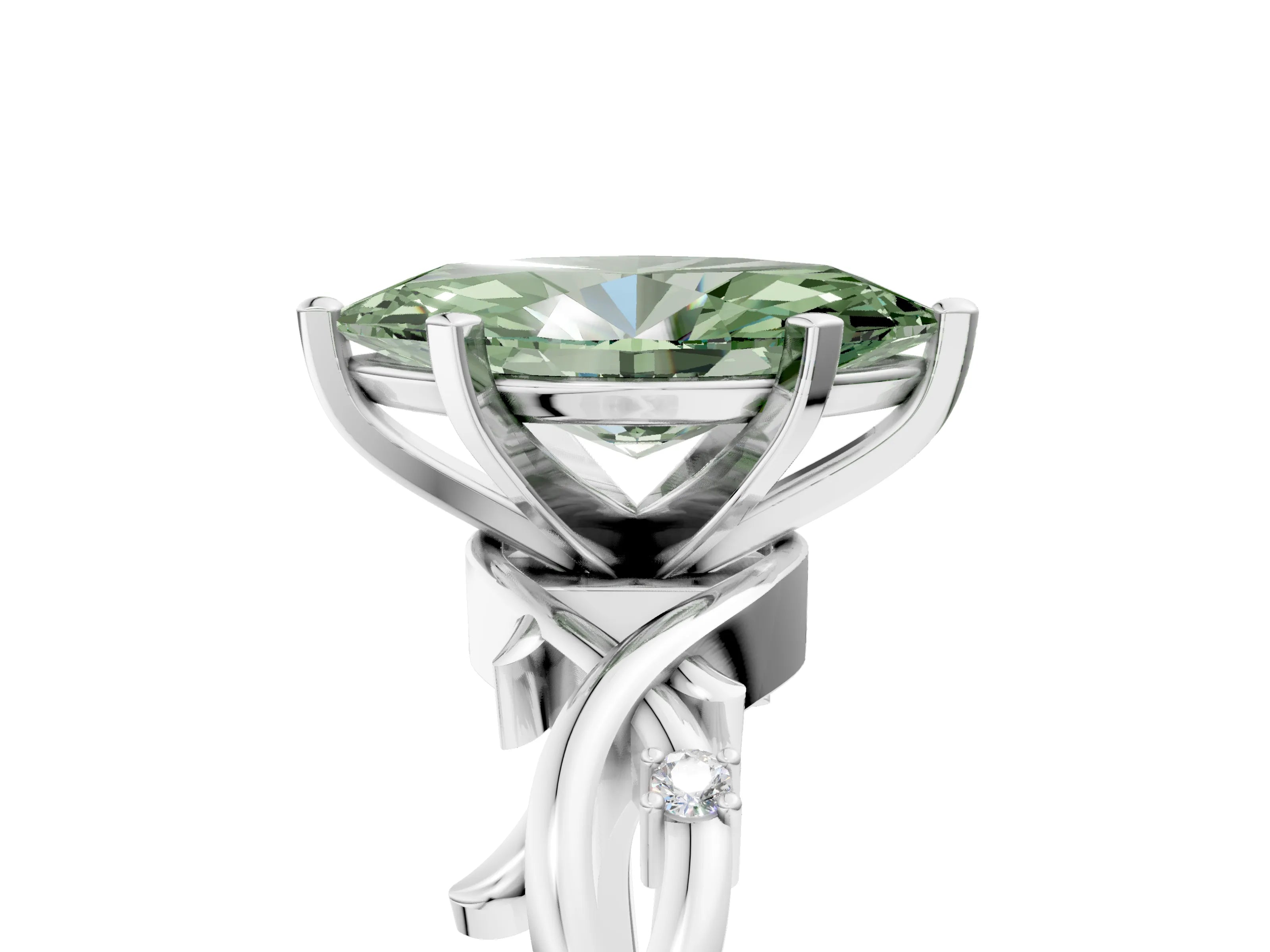 White gold Fancy Green Marquise Cut Diamond Solitaire Ring with Twisted Band and Prong Setting_256