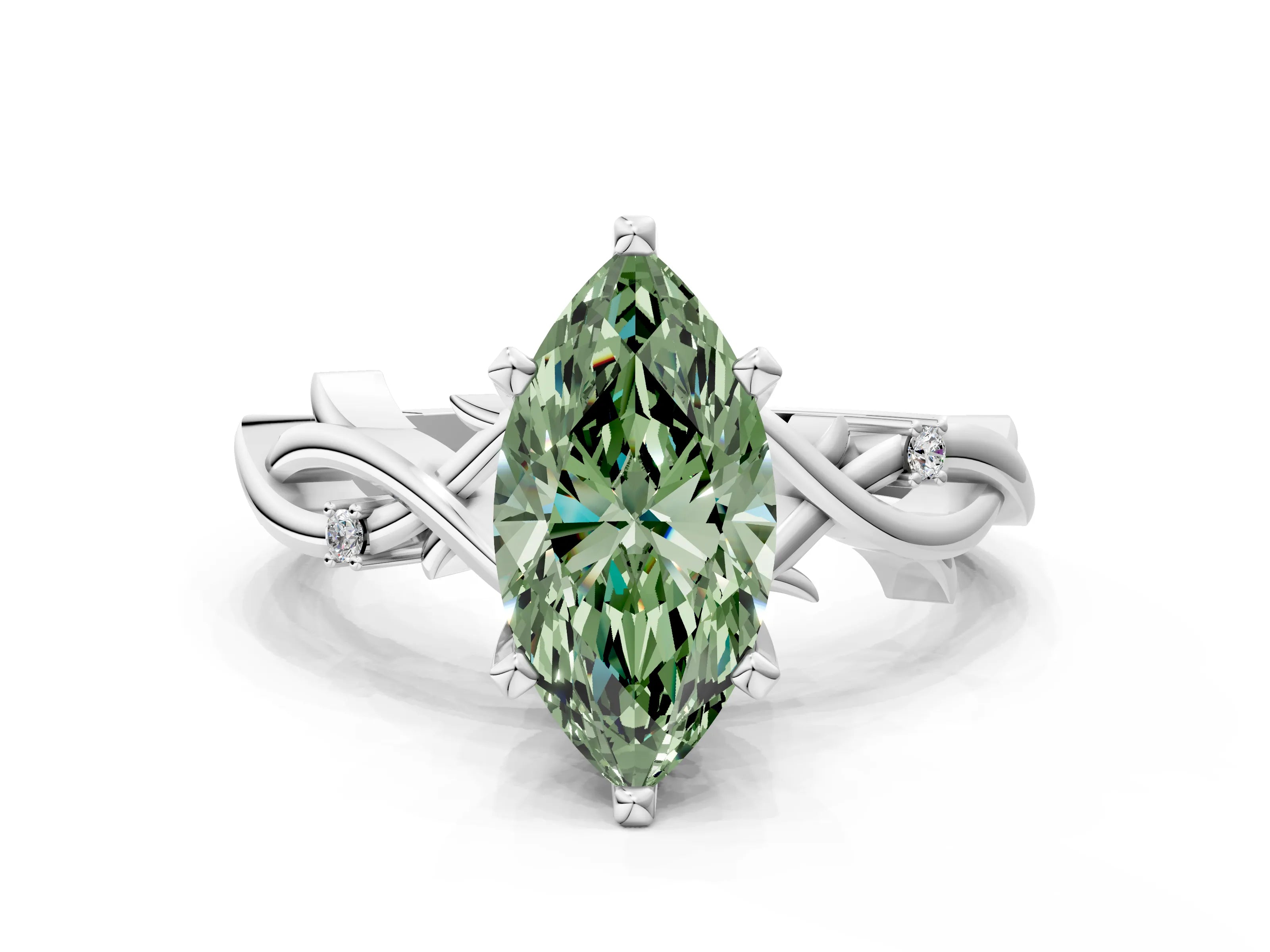 White gold Fancy Green Marquise Cut Diamond Solitaire Ring with Twisted Band and Prong Setting_258