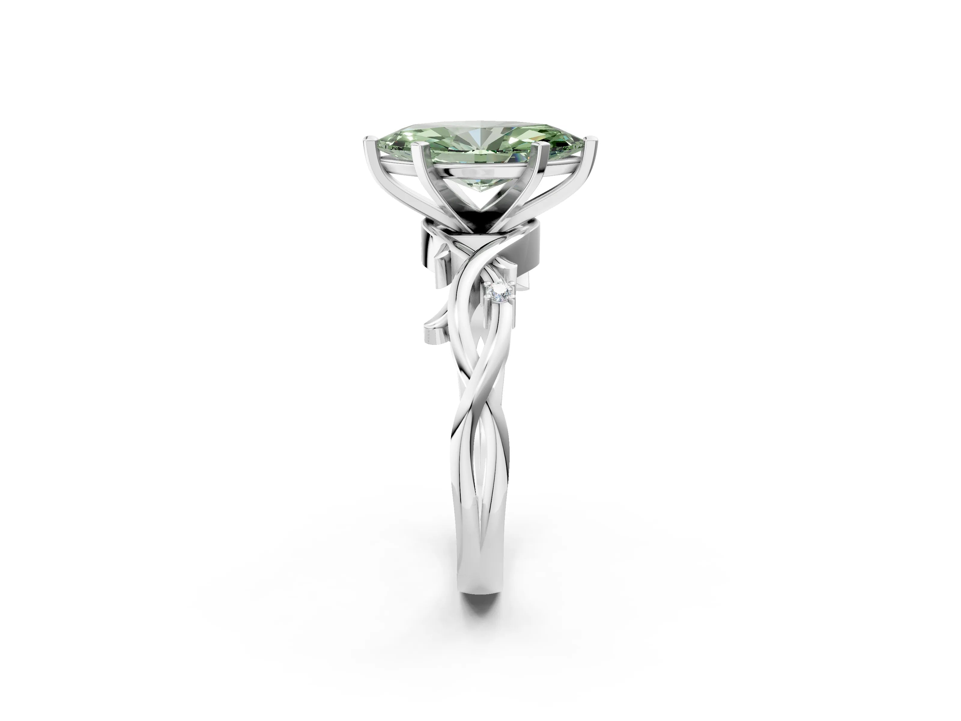 White gold Fancy Green Marquise Cut Diamond Solitaire Ring with Twisted Band and Prong Setting_259
