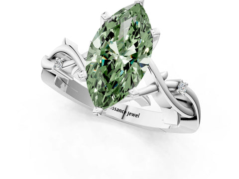 White gold Fancy Green Marquise Cut Diamond Solitaire Ring with Twisted Band and Prong Setting_259