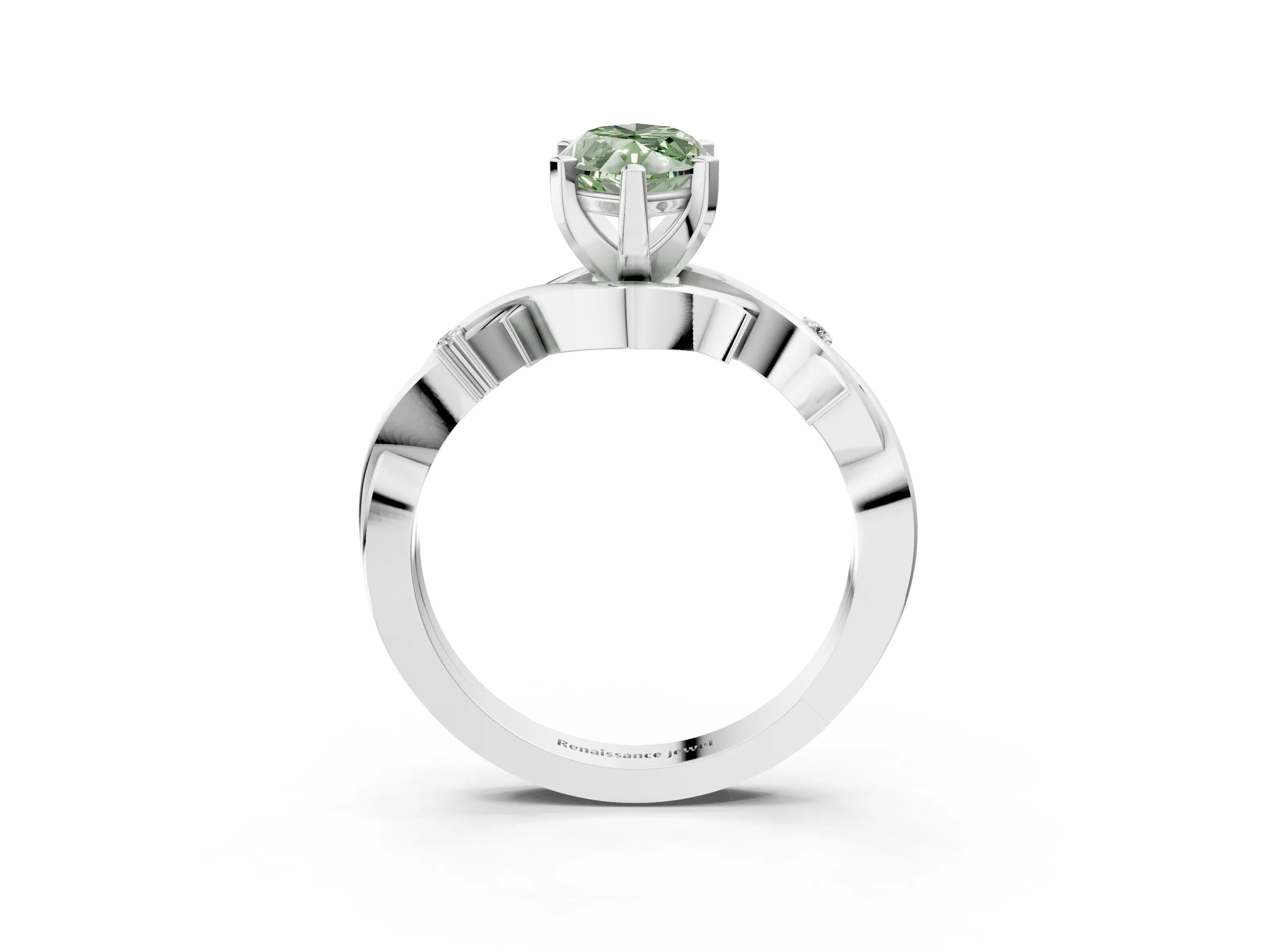 White gold Fancy Green Marquise Cut Diamond Solitaire Ring with Twisted Band and Prong Setting_261