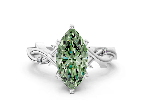 White gold Fancy Green Marquise Cut Diamond Solitaire Ring with Twisted Band and Prong Setting_263