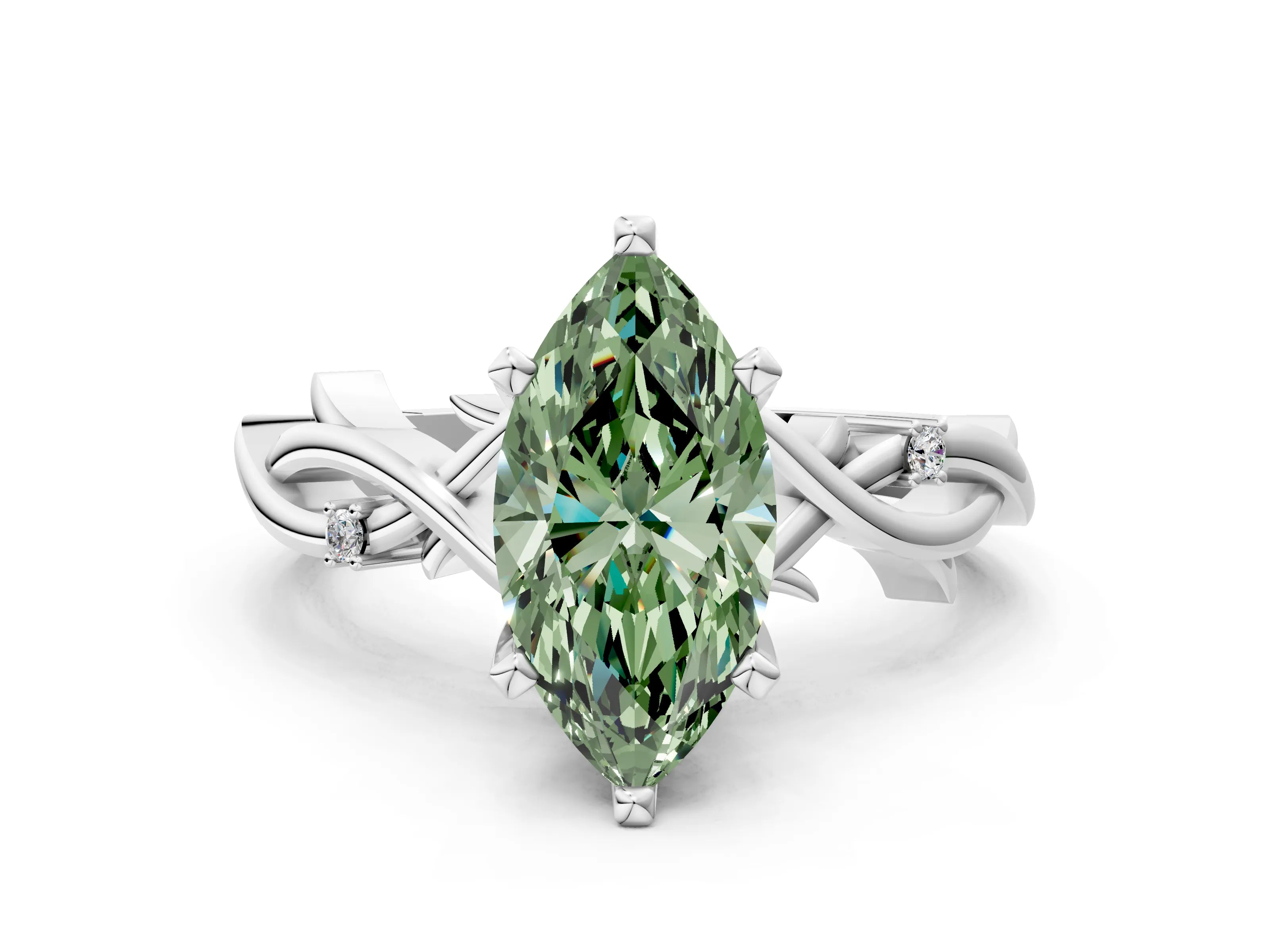 White gold Fancy Green Marquise Cut Diamond Solitaire Ring with Twisted Band and Prong Setting_264