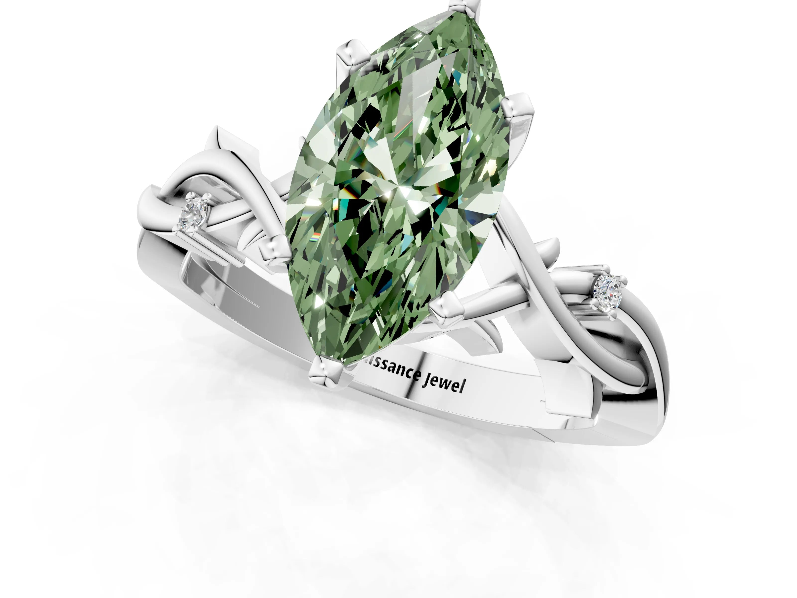 White gold Fancy Green Marquise Cut Diamond Solitaire Ring with Twisted Band and Prong Setting_264