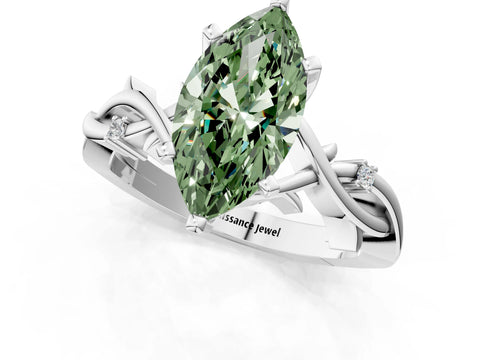 White gold Fancy Green Marquise Cut Diamond Solitaire Ring with Twisted Band and Prong Setting_265