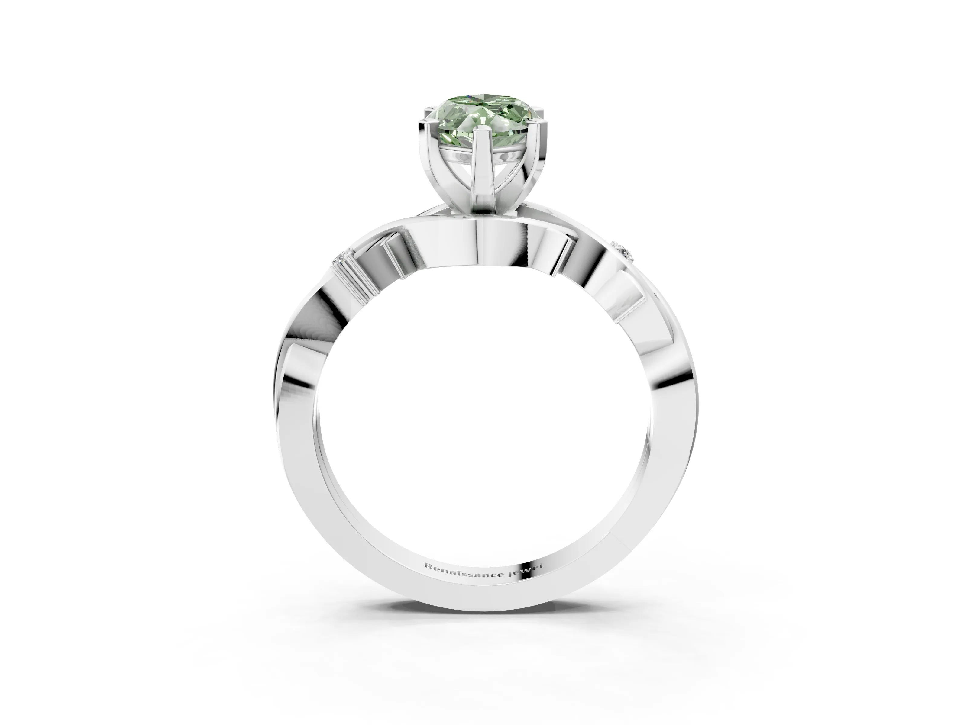 White gold Fancy Green Marquise Cut Diamond Solitaire Ring with Twisted Band and Prong Setting_266
