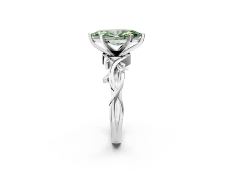 White gold Fancy Green Marquise Cut Diamond Solitaire Ring with Twisted Band and Prong Setting_266