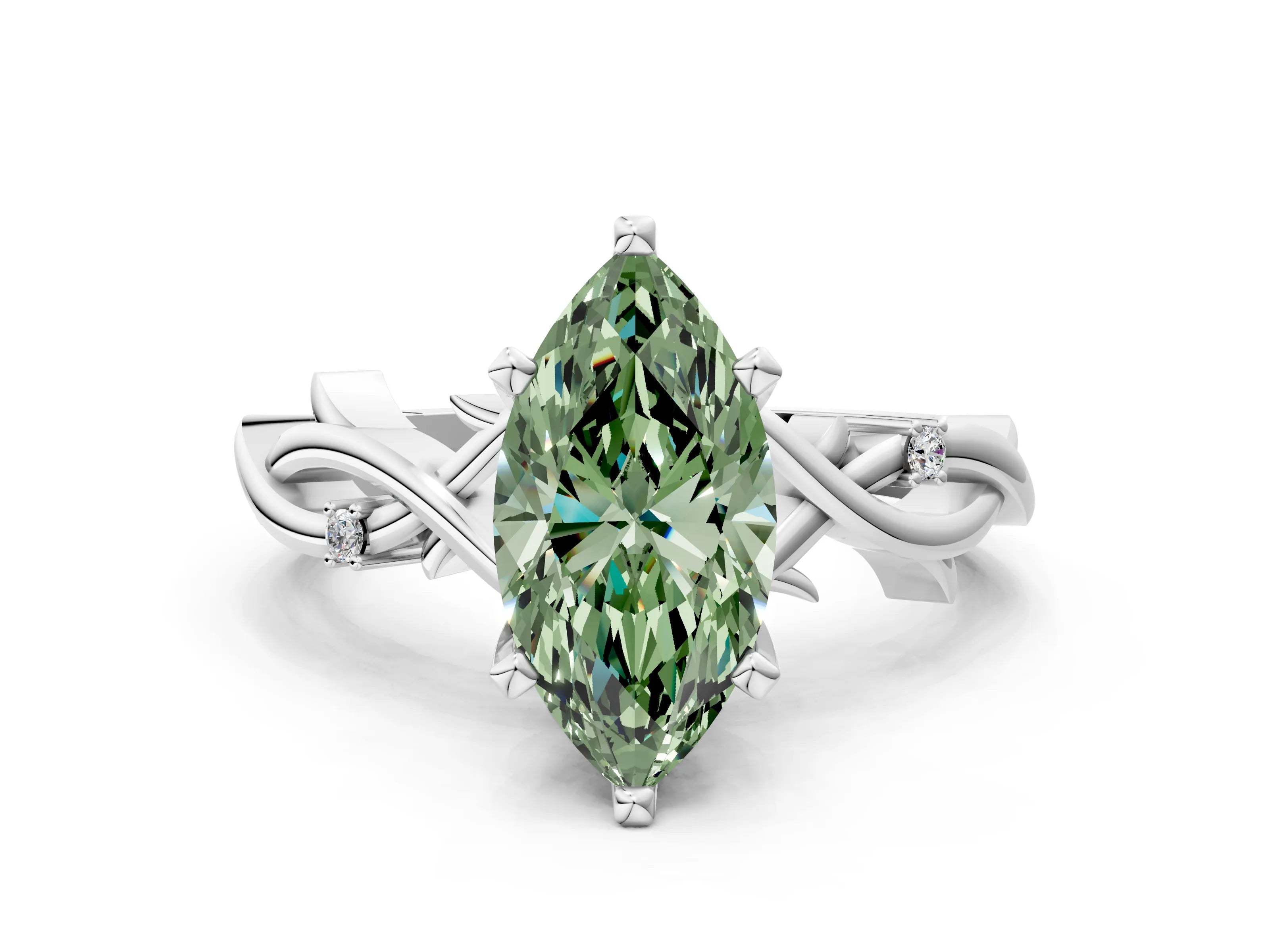 White gold Fancy Green Marquise Cut Diamond Solitaire Ring with Twisted Band and Prong Setting_269