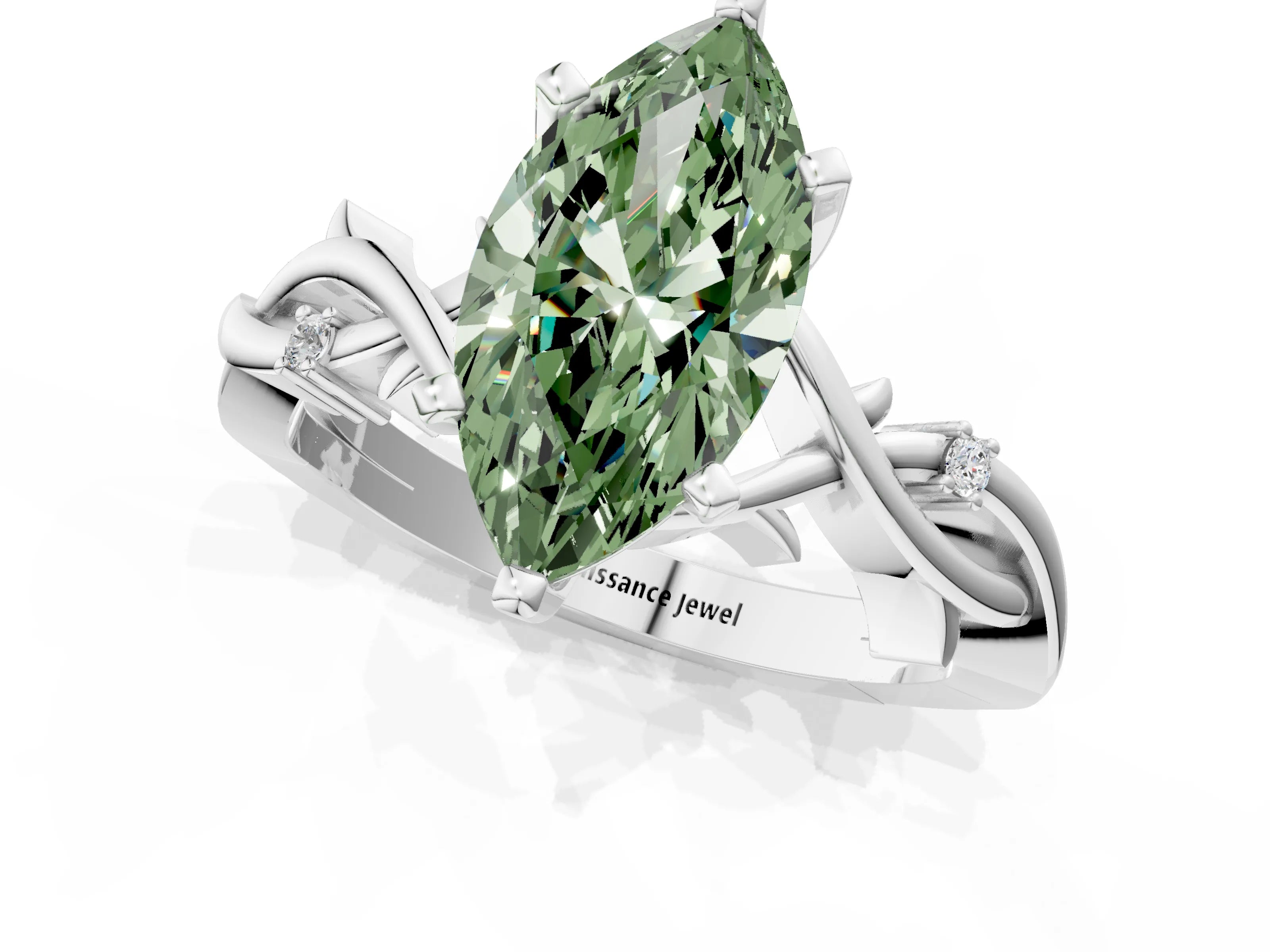 White gold Fancy Green Marquise Cut Diamond Solitaire Ring with Twisted Band and Prong Setting_270