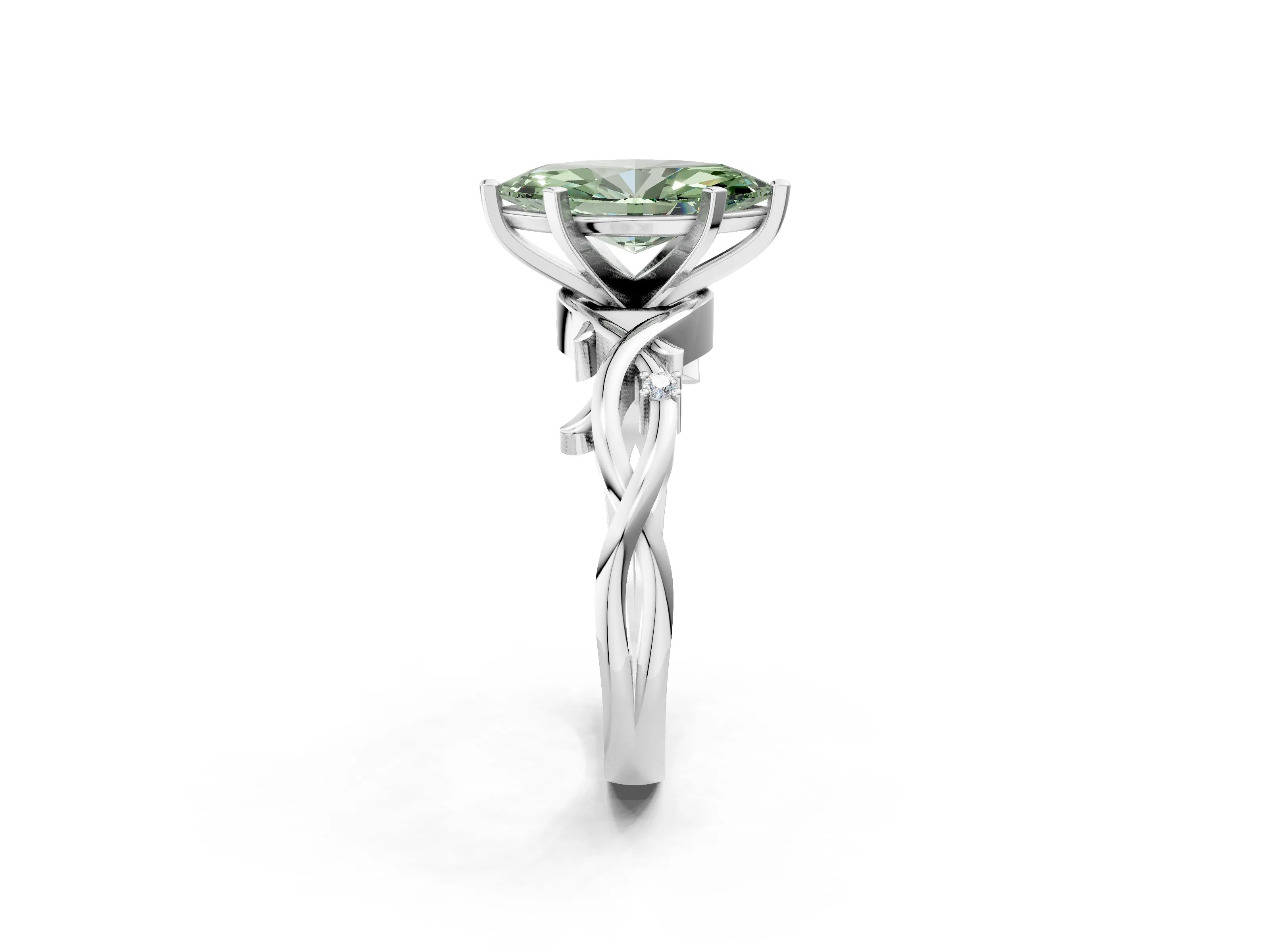 White gold Fancy Green Marquise Cut Diamond Solitaire Ring with Twisted Band and Prong Setting_271