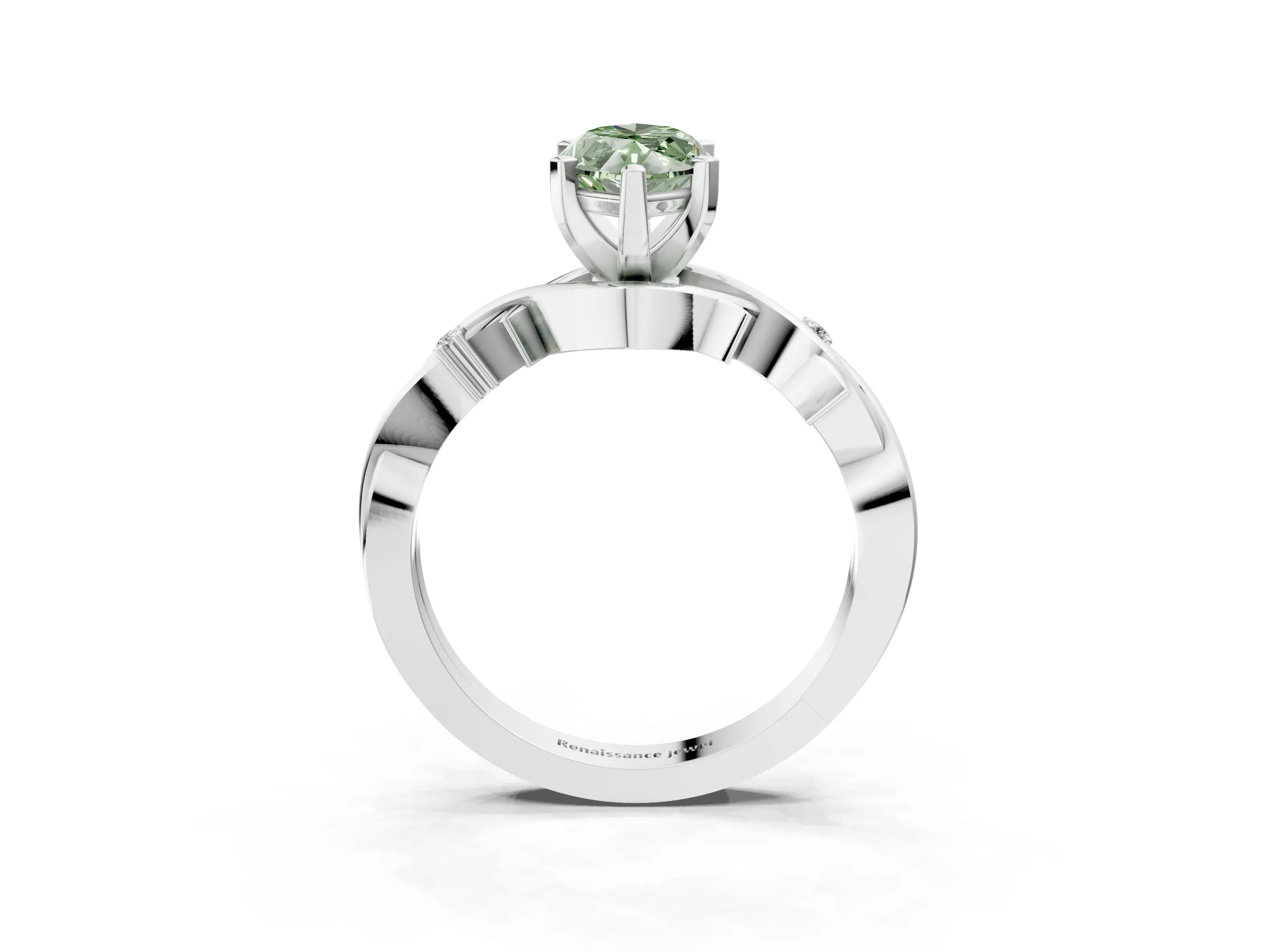 White gold Fancy Green Marquise Cut Diamond Solitaire Ring with Twisted Band and Prong Setting_272