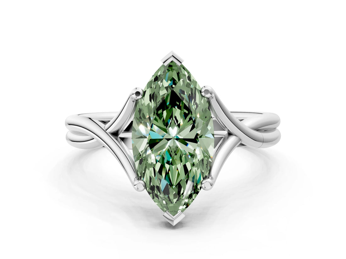 White gold Fancy Green Marquise Cut Diamond Solitaire Twist Band Prong Setting Ring_79