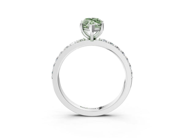 White gold Fancy Green Marquise  Cut Diamond Solitaire with Pave Band and Four-Prong Setting