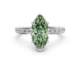 White gold Fancy Green Marquise  Cut Diamond Solitaire with Pave Band and Four-Prong Setting