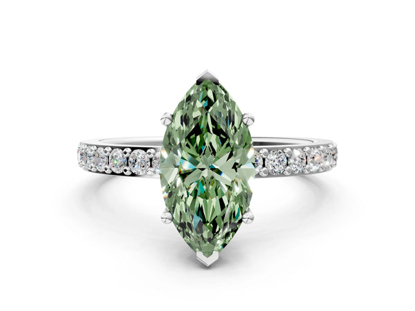 White gold Fancy Green Marquise  Cut Diamond Solitaire with Pave Band and Four-Prong Setting