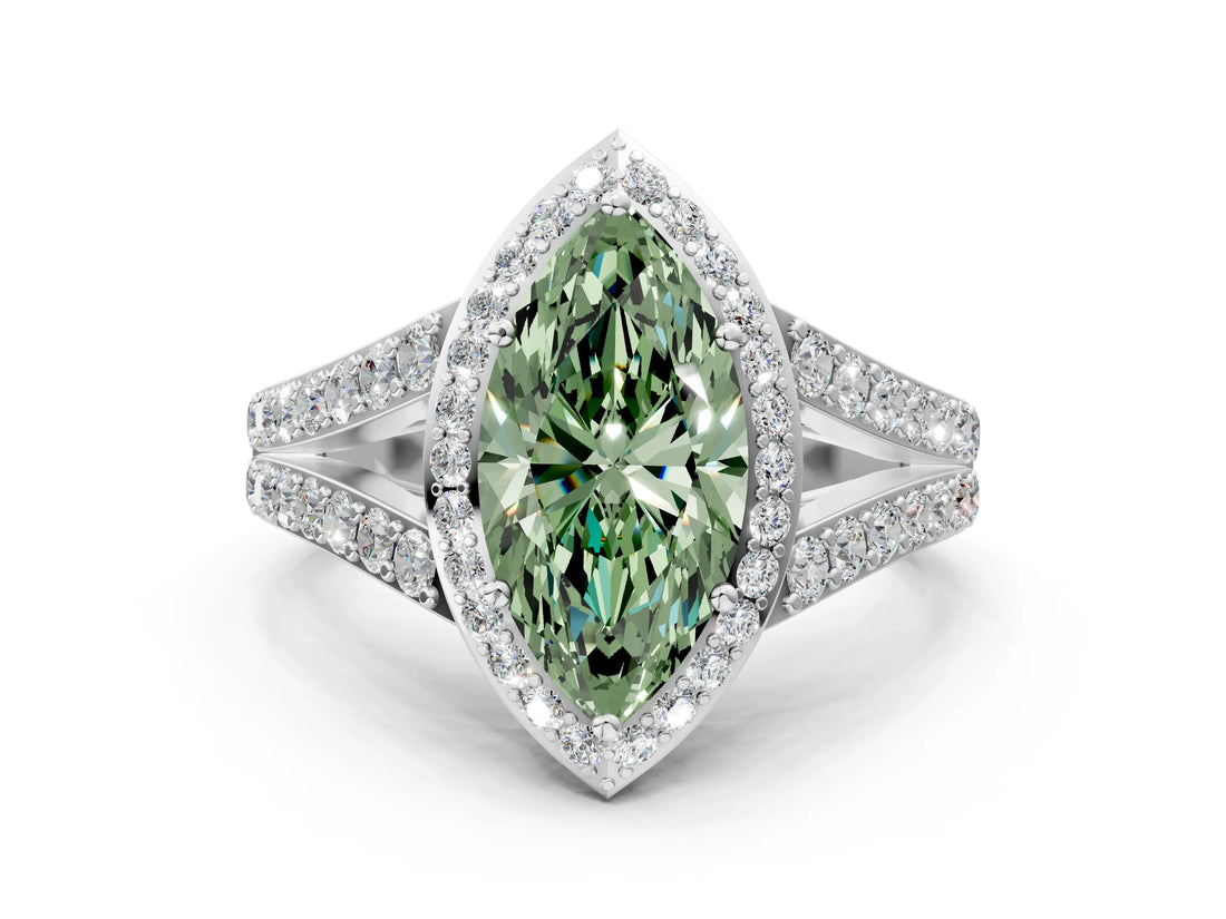 White gold Fancy Green Marquise Cut Diamond Split Shank Halo Ring with Four-Prong Setting_76