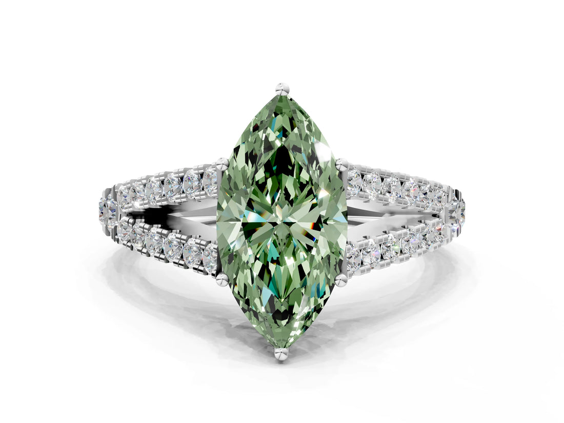 White gold Fancy Green Marquise Cut Diamond Split Shank Pavé Engagement Ring with Four-Prong Setting_123