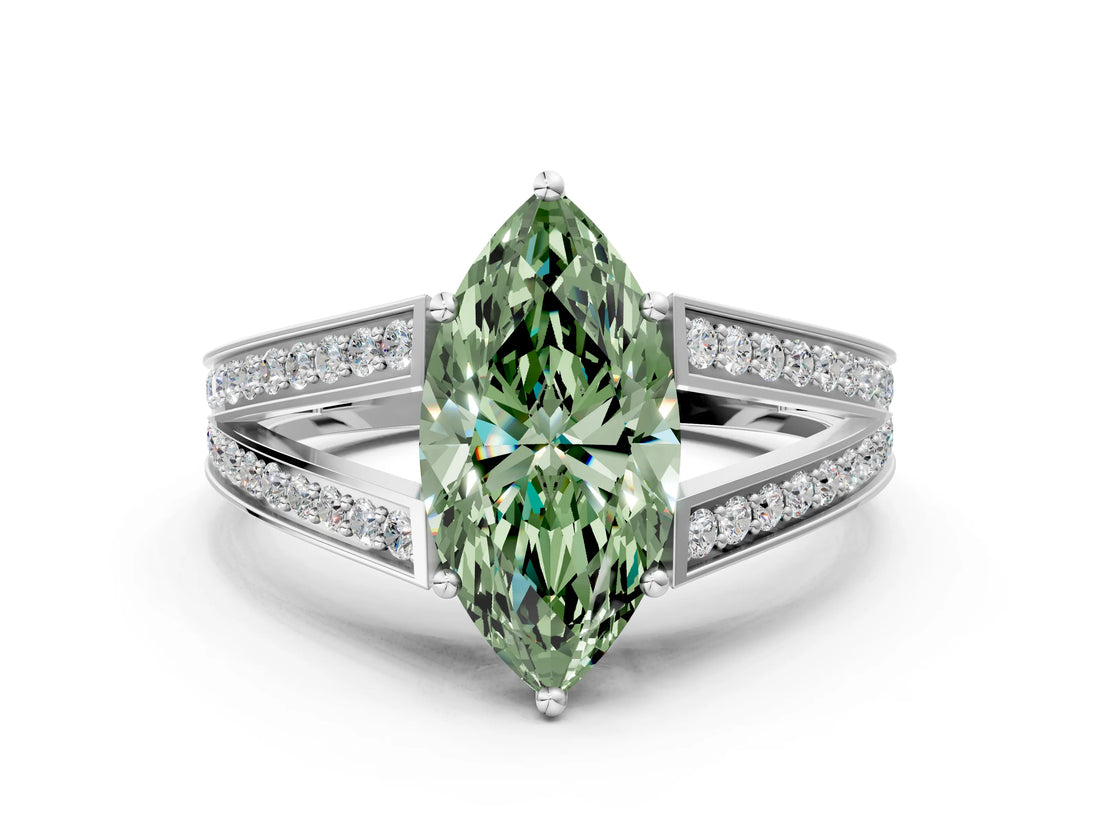 White gold Fancy Green Marquise Cut Diamond Split Shank Ring with Pavé Band and Four-Prong Setting_96
