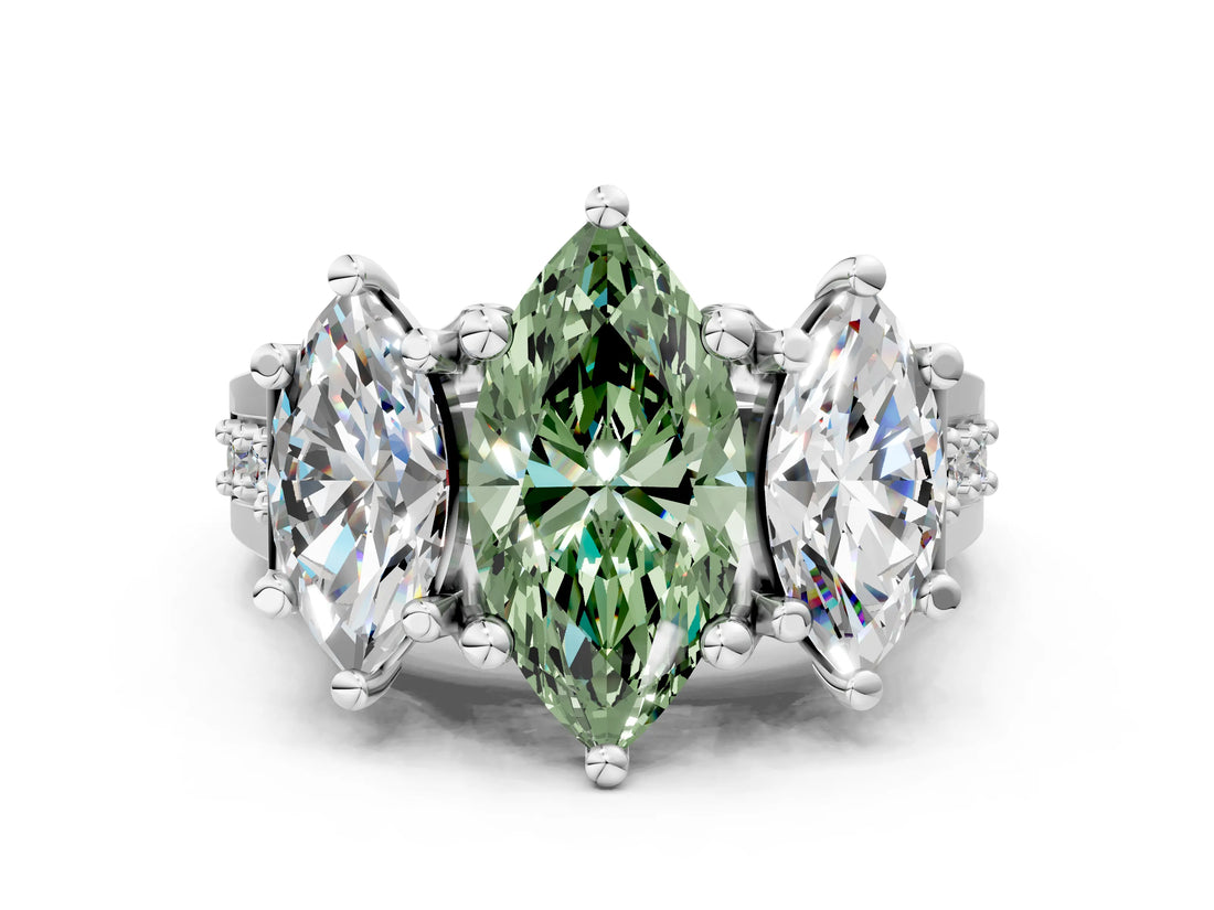 White gold Fancy Green Marquise Cut Diamond Three-Stone Ring with Channel Set Band and Four-Prong Setting_81