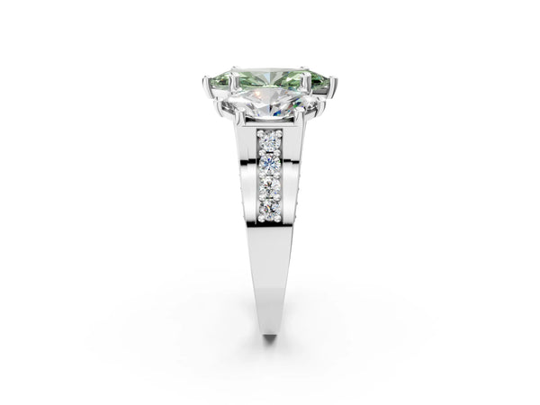 White gold Fancy Green Marquise Cut Diamond Three-Stone Ring with Channel Set Band and Four-Prong Setting