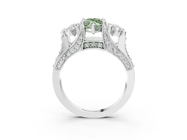 White gold Fancy Green Marquise Cut Diamond Three-Stone Ring with Channel Set Band and Four-Prong Setting