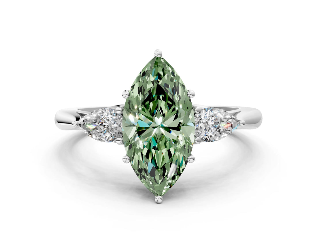 White gold Fancy Green Marquise Cut Diamond Three-Stone Ring with Pear  Side Stones and Prong Setting_120