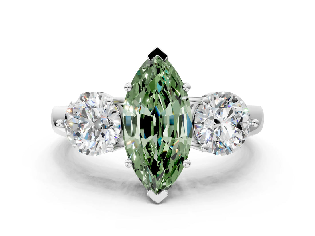 White gold Fancy Green Marquise Cut Diamond Three-Stone Ring with Prong Setting and Classic Band_123