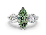 White gold Fancy Green Marquise Cut Diamond Three-Stone Ring with Prong Setting and Classic Band_123