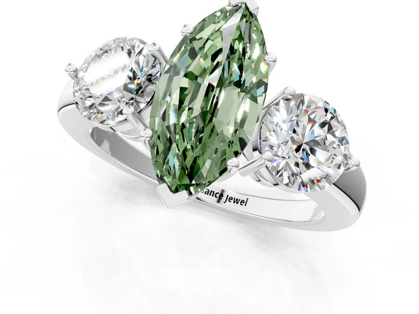 Platinum Fancy Green Marquise Cut Diamond Three-Stone Ring with Prong Setting and Classic Band