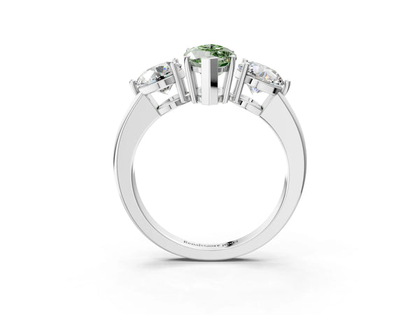 Platinum Fancy Green Marquise Cut Diamond Three-Stone Ring with Prong Setting and Classic Band