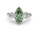White gold Fancy Green Marquise Cut Diamond Three-Stone Ring with Prong Setting and Pavé Band